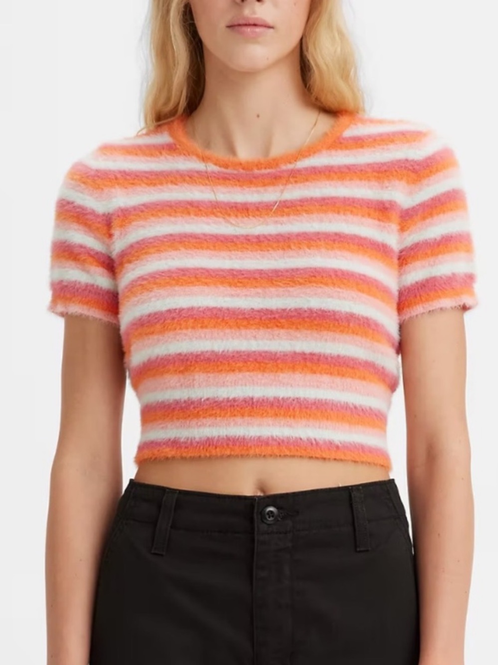 Levi’s Crop Top Peach Fuzz Orange Stripe Fuzzy Knit Short Sleeve Womens XL Y2K